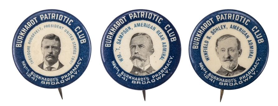 1890s "Burkhardt Patriotic Club" Pins Trio (3 Different) Including Roosevelt, Sampson and Schley